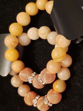 NEW 2 Golden Alabaster Natural Gemstone Handmade Bracelets W/Rhinestones, Cool